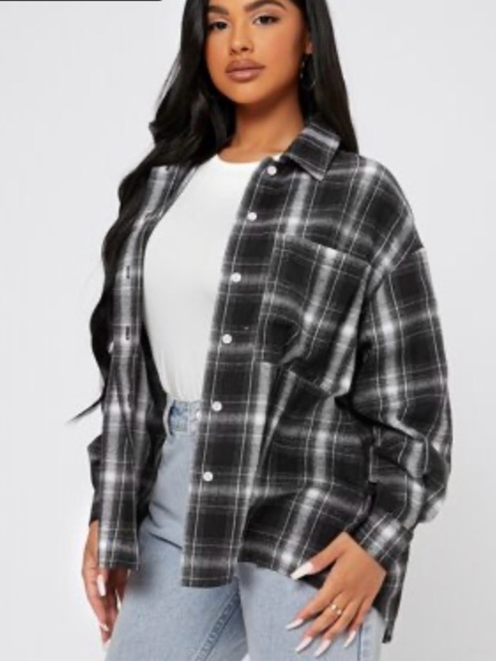 SHEIN Black & White Plaid Shirt Jacket